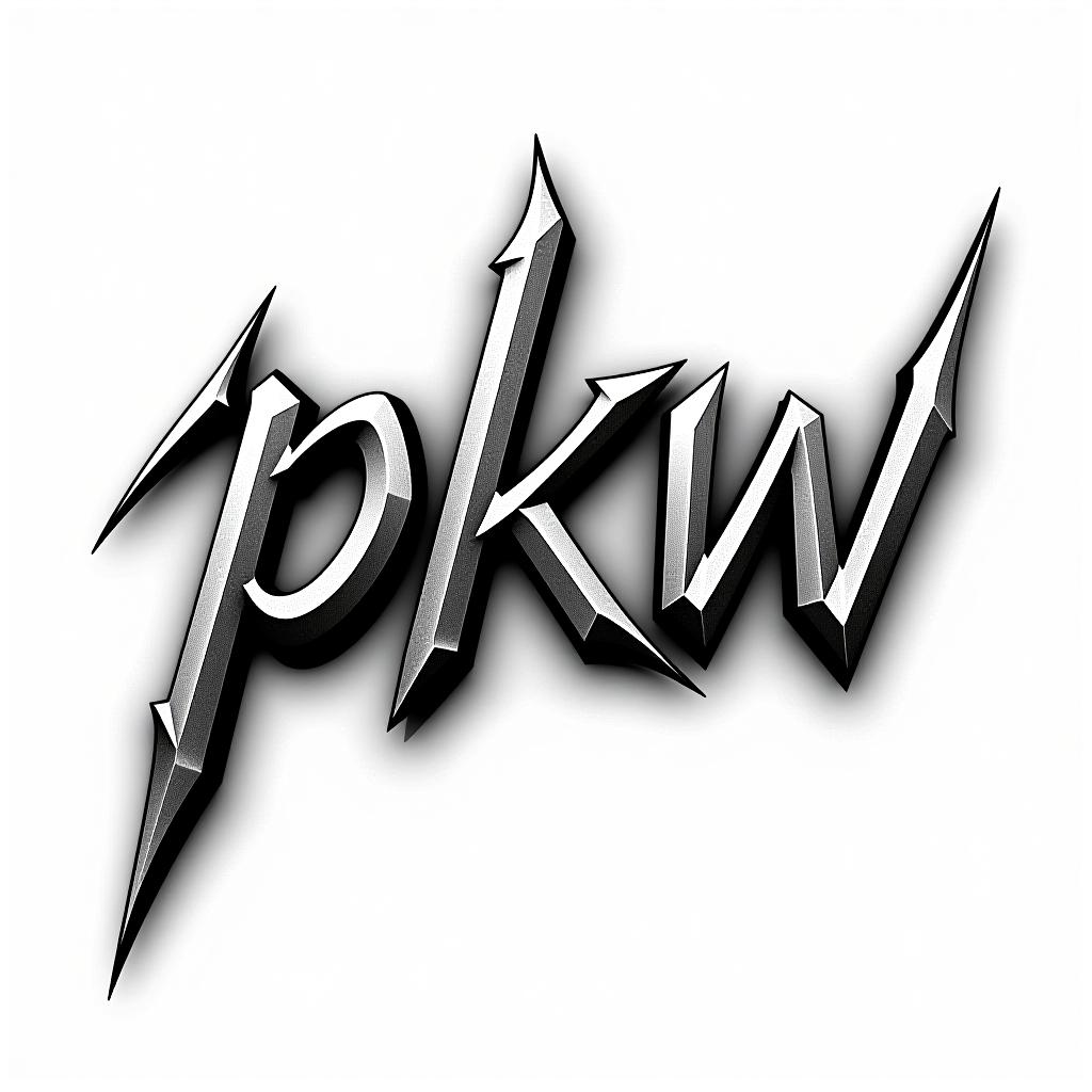  text "pkw", handwriting font, sharp, rock, metallic, black and white typography logo,dark graffiti font, white background hyper detail, intricate details, sharp focus, high resolution, 8k, ultra detailed, vib