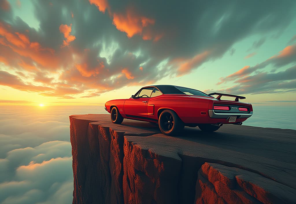  (masterpiece, high resolution, photo realistic:1.3), (red muscle car:1.4), (black wheels:1.2), (bold, capital letters:1.1), "pizdec", (cliff's edge:1.3), (dramatic sky:1.2), (bright, rich colors:1.2), (high contrast:1.2), (constructivist, realistic, abstract elements:1.2), (geometric shapes:1.2), (realistic elements:1.2), (abstract forms:1.2), (trash polka style:1.2), (dramatic, intense atmosphere:1.2), (car at the edge of a cliff:1.2), (inscription adding a sense of finality and danger:1.2), (vibrant, dynamic, visually striking image:1.2), (capturing the feeling of a car at the edge of a cliff:1.2).