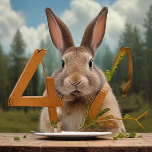 Picture of a rabbit eating the number 42 in Surrealist style with Forests background