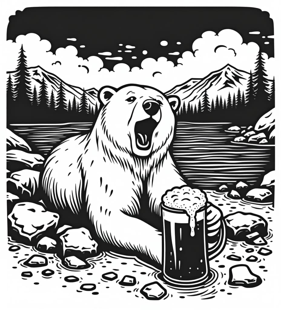  black on white vector graphic , in the style of skitchism a polar bear laying on a rocky beach by a lake holding a frosty mug of root beer