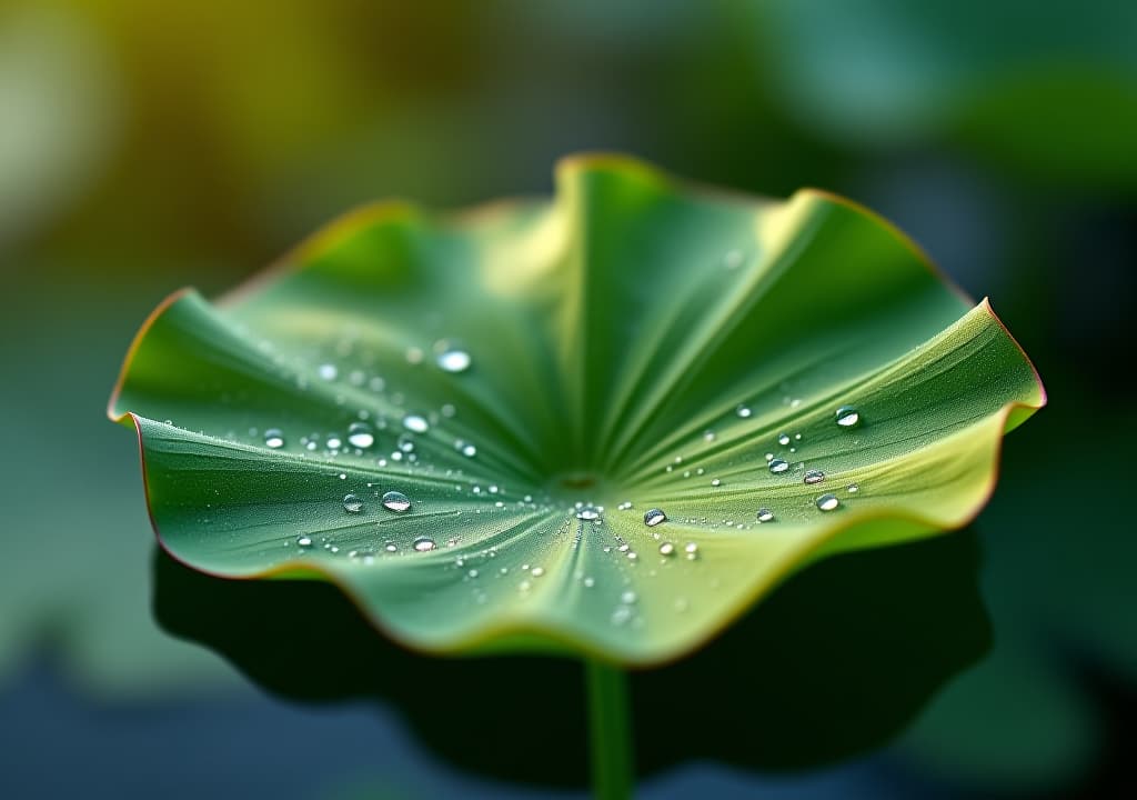  on the lotus leaf in the morning, the dew is crystal clear, shining like small drops of water, showing the tranquility and beauty of nature