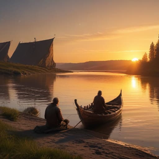 Create a tired, Viking, sitting on a riverbank, as a few Viking ships approach from far away. The sun is setting on the horizon.