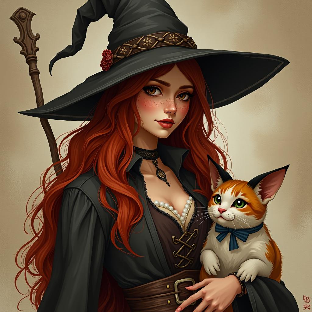  character card. a witch with red hair and freckles. no hat. with a familiar. realism. full height.