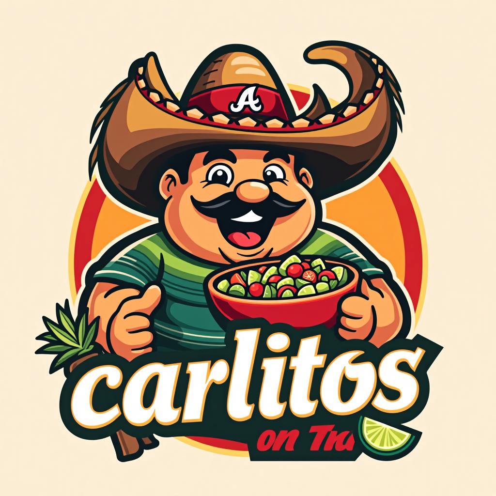  design a logo, in a threedrender style. chubby mexican with bowl of ceviche wearing an atlanta braves hat , with the text 'carlitos ceviche '.