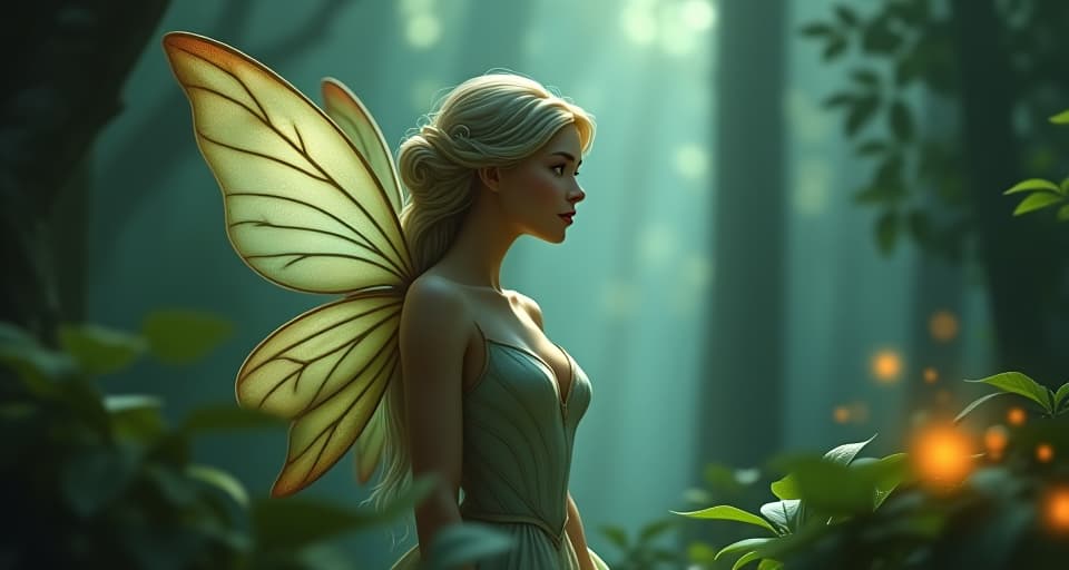  a serene fairy in mystical forest, her expression calm and natural. she speaks in a divine tongue as if unlocking a hidden part of herself, surrounded by soft luminescent foliage.. the style is digital art illustration,highly detailed, whimsical,magical, dreamlike atmosphere, realism and fantasy blend, smooth, glossy textures,luminous quality, wonder and enchantment.