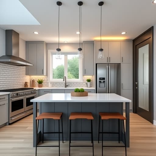  a modern kitchen with sleek, stainless steel appliances, a spacious kitchen island with bar stools, and a stylish backsplash that combines functionality and trendiness.