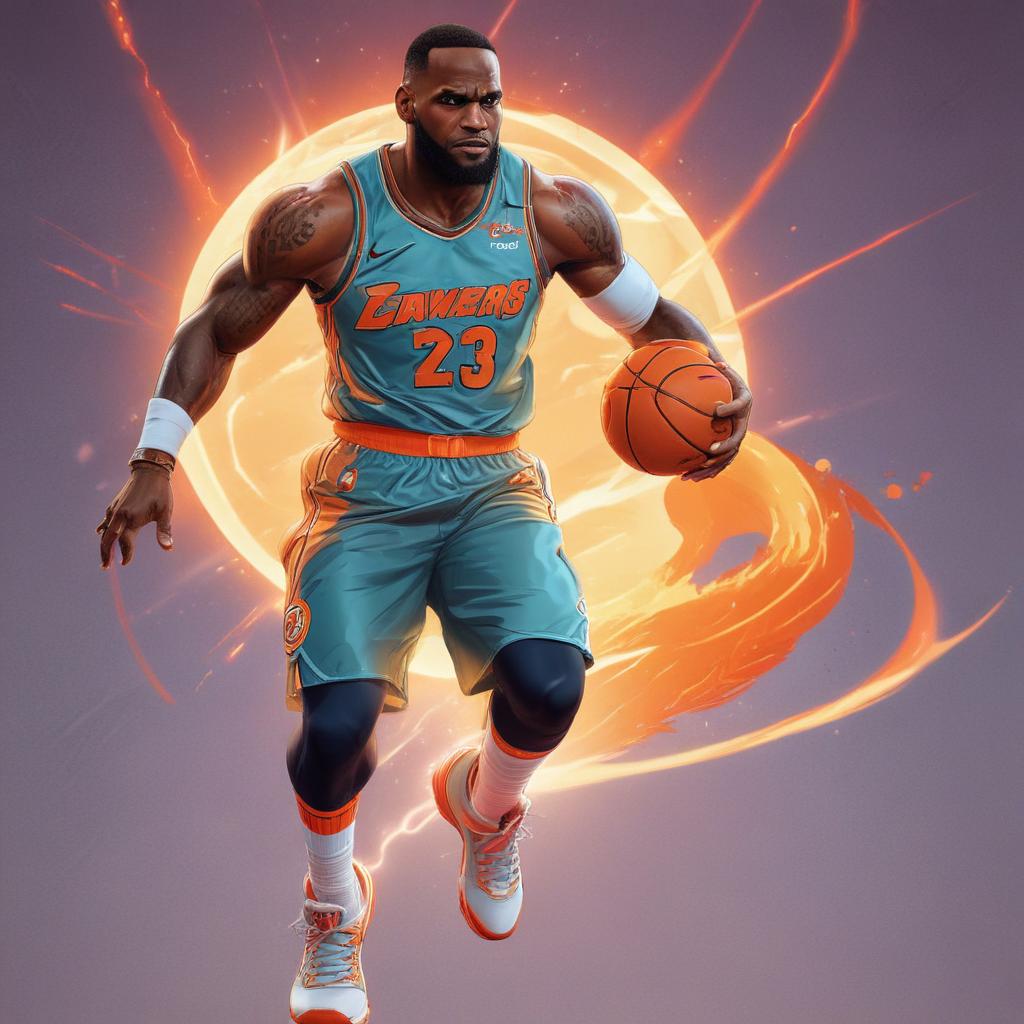 distance-shot, flashy, full-body, dynamic, holographic, animated cartoon poster of lebron james in the style of dragon ball super