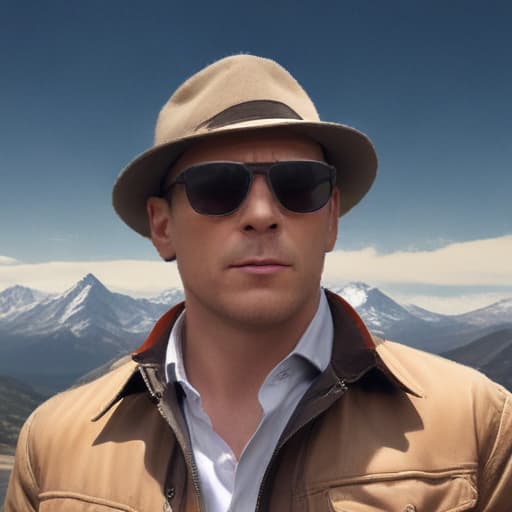 Reymond reddington with sunglasses in Mythological style with Mountains background