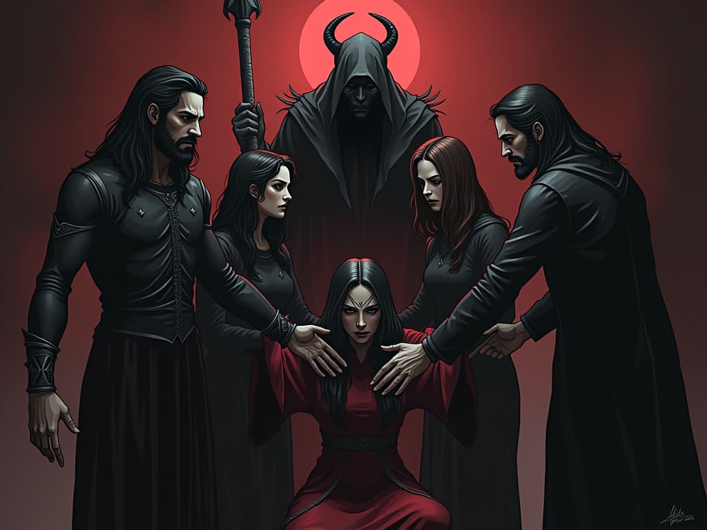  group of individuals, some helping each other up, one dark figure in the corner pulling someone down, conflicting energies, detailed expressions.. the style is dark fantasy and mysterious occult, symbolic, moody lighting, esoteric vibe,high detail on character design. for the color scheme emphasize blacks and reds.