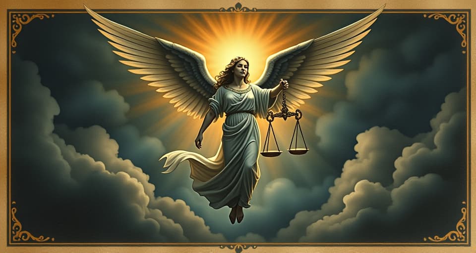  a celestial angel descending from the heavens, scales of justice in hand, surrounded by glowing light, a scene of judgement, solemn, divine. an illustration in the style of a worn, mystical old tarot trump card, mysterious and elements of surrealism. the colors are muted, somber and eerie, but with contrast bring out an occult and esoteric vibe.