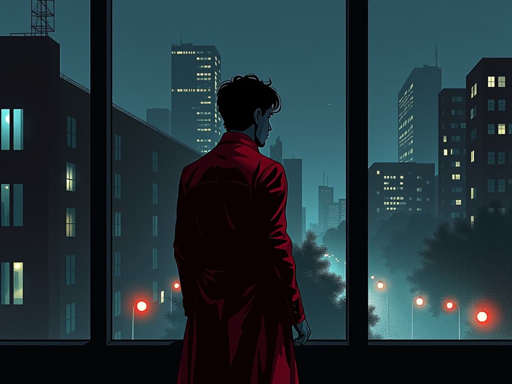  coworker dressed in red, standing by office window, deep in thought, urban nightscape, aura of shallow reflection. the style is digital art illustration / modern comic book / graphic dark novel fantasy and mysterious occult, symbolic, moody lighting, esoteric vibe,high detail on character design. for the color scheme emphasize blacks and reds.