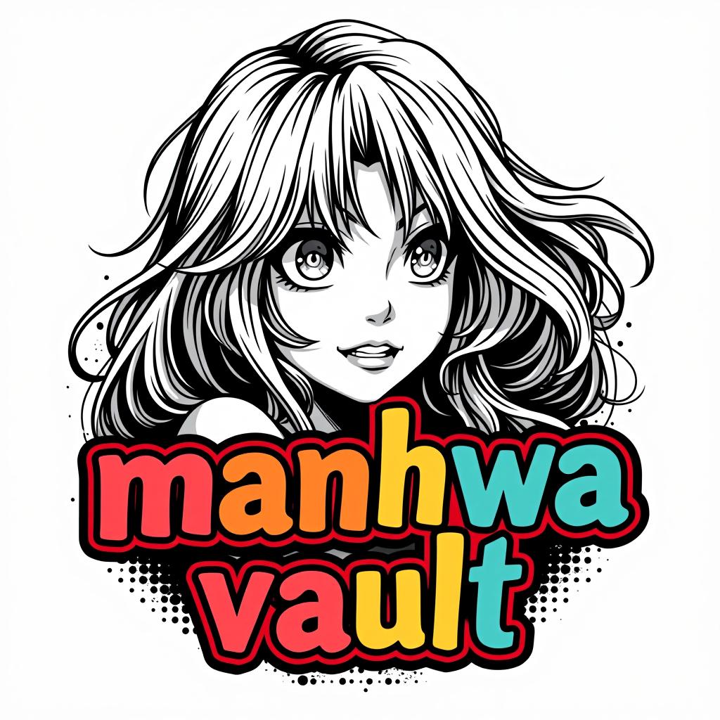  good quality, high quality, a black and white manga style design for the "manhwa vault" logo, featuring a hot with flowing hair and expressive eyes. the is drawn in a detailed manga style with bold lines and deep shadows. the text "manhwa vault" is colorful and bold, with a slight 3d effect to make it pop against the monochrome image.