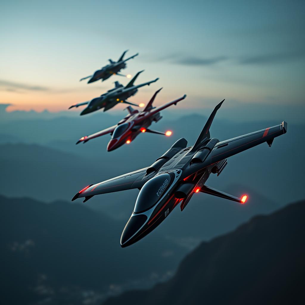  large angle, five fighters in the night sky on the mountains, rapid sports transport on repulsors, glider, black red metal hull with texture from white six green, view of the side in front hyperrealistic, full body, detailed clothing, highly detailed, cinematic lighting, stunningly beautiful, intricate, sharp focus, f/1. 8, 85mm, (centered image composition), (professionally color graded), ((bright soft diffused light)), volumetric fog, trending on instagram, trending on tumblr, HDR 4K, 8K