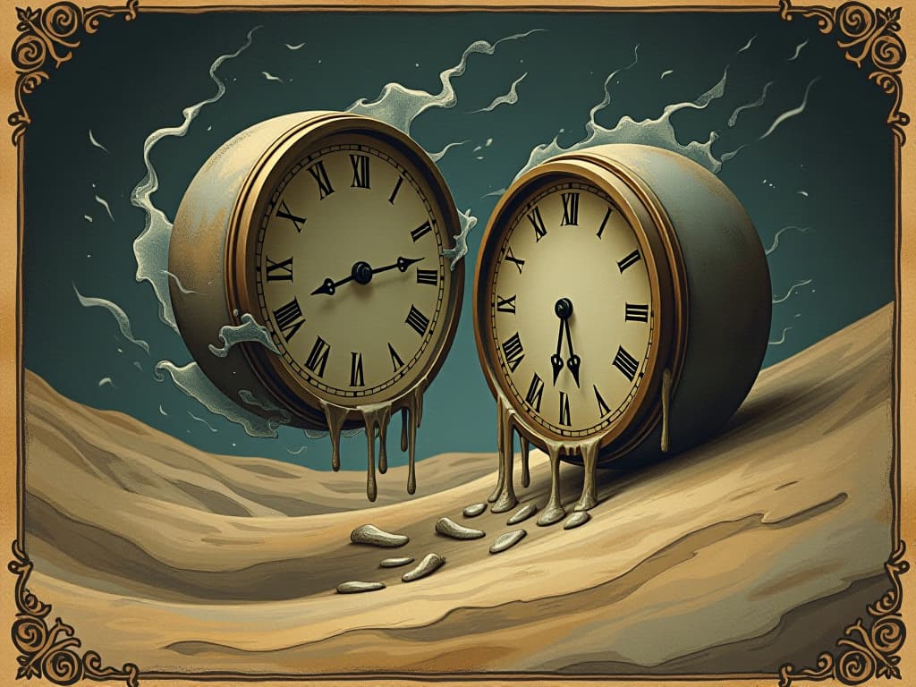  distorted clock faces melting and twisting, surrounded by shifting sand dunes, ethereal glow, surreal, fluid time.. an illustration in the style of a worn, mystical old tarot trump card, mysterious and elements of surrealism. the colors are muted, somber and eerie, but with contrast bring out an occult and esoteric vibe.