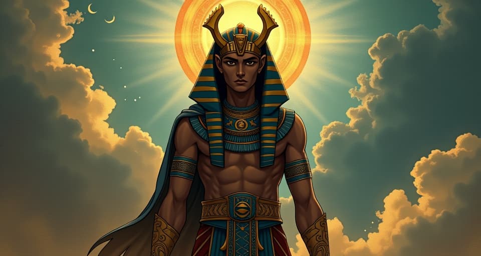  an egyptian figure, power and serenity in their eyes, commanding nature, storm clouds parting at their behest, a glimpse of control.. the style is digital art illustration / modern comic book / mysterious occult, symbolic, esoteric vibe,high detail on character design, incorporating ancient egyptian symbology and attire.