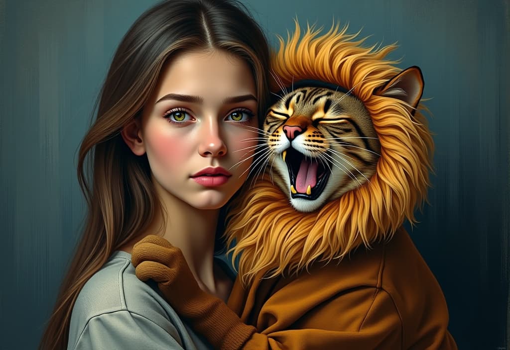  (expressionism painting:1.3) of young tall slim brunette woman holding sad and sleepy dark brown siberian cat yawning, cat is dressed in lion costume, van gogh style