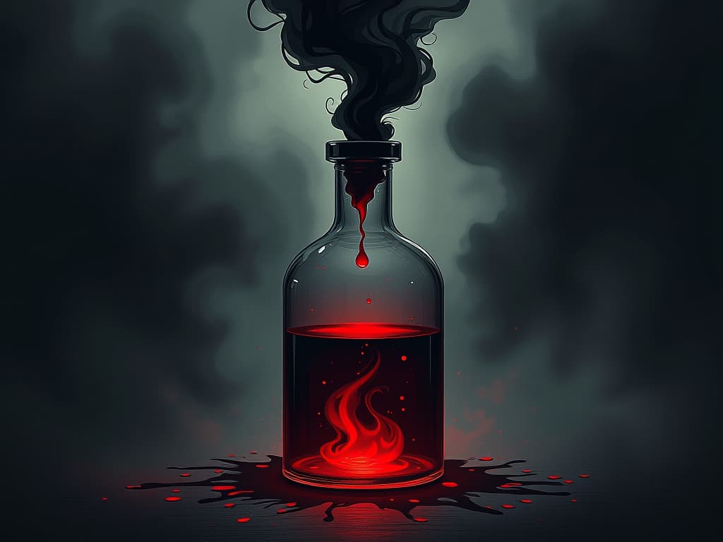  red brimmed bottle of poison, dark smoke swirling within, ominous background, potential for derailing one's course. the style is digital art illustration / modern comic book / graphic dark novel fantasy and mysterious occult, symbolic, moody lighting, esoteric vibe,high detail on character design. for the color scheme emphasize blacks and reds.