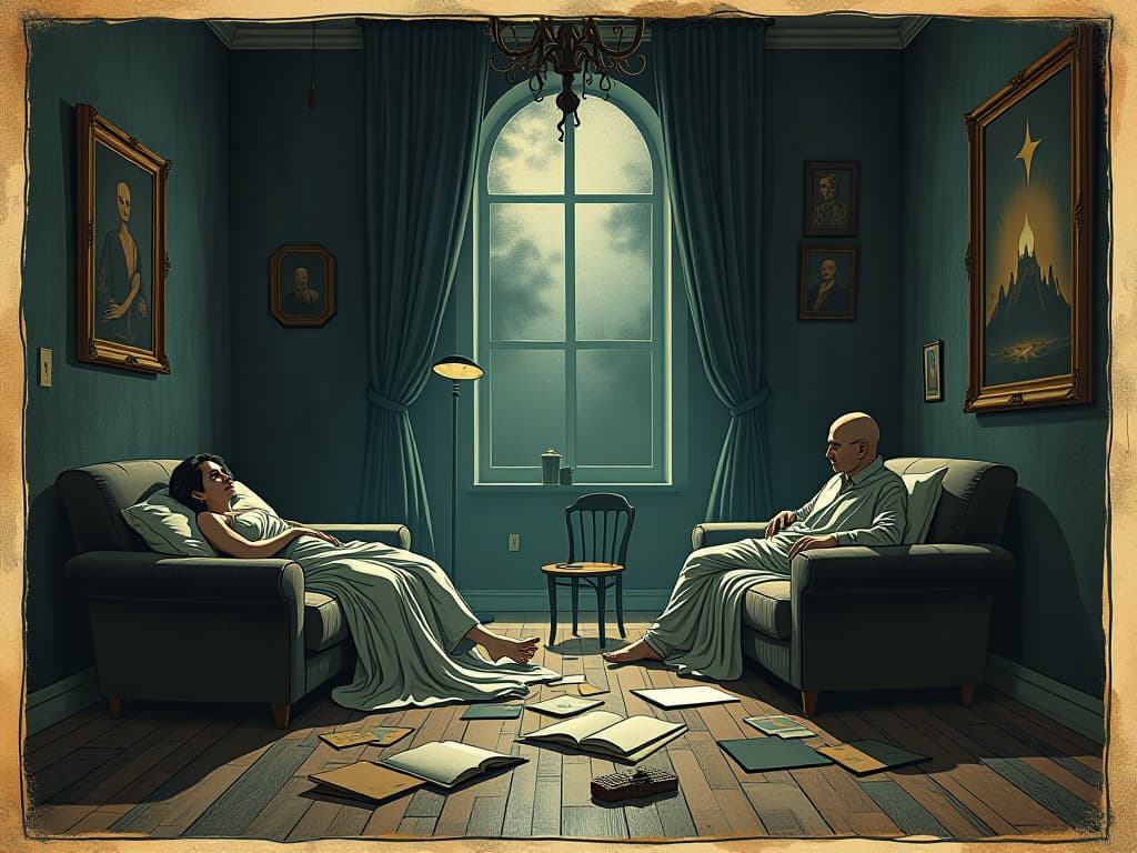  dreamlike imagery of chaotic room, fragmented reflections, heavy shadows, sense of restlessness and fatigue, nightmarish and disorienting. an illustration in the style of a worn, mystical old tarot trump card, mysterious and elements of surrealism. the colors are muted, somber and eerie, but with contrast bring out an occult and esoteric vibe.