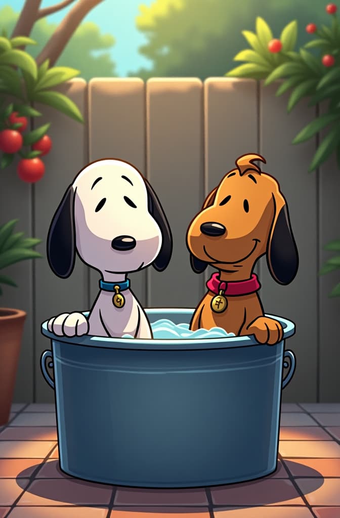  crea una imagen la cual tenga 2 perros felices, uno blanco tipo snoopy y el otro cafe tipo scoby doo que estan sentados y recargados en una tina con agua y jabon donde los bañaran y tenga fondo un patio con pasto y la casa de snoopy, marvel comic panel, dc animated comic panel, comic panel, manga and manhwa style panel, portrait, young person face, style for marvel comic, anime comic panel style hyperrealistic, full body, detailed clothing, highly detailed, cinematic lighting, stunningly beautiful, intricate, sharp focus, f/1. 8, 85mm, (centered image composition), (professionally color graded), ((bright soft diffused light)), volumetric fog, trending on instagram, trending on tumblr, HDR 4K, 8K