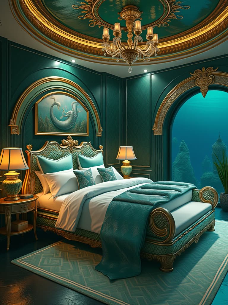  a luxurious mermaid mansion bedroom in the deep sea. the house is round li and big metallic green and gold ver shiny . with mermaid luxurious mermaid bed