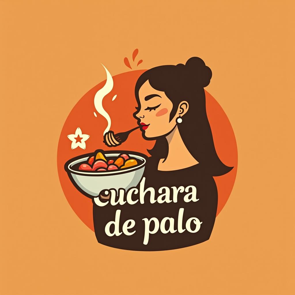  design a logo, una mujer moviendo con una cuchara una olla con comida , with the text 'cuchara de palo '.