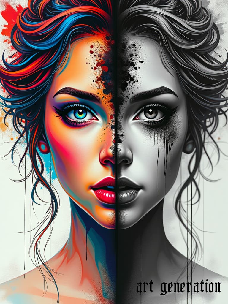  (masterpiece, diptych art:1.4), split in half, left side: (vivid, colorful woman’s face:1.3), photorealistic details, (radiant multicolored hair:1.2), expressive eyes filled with emotion, swirling patterns and textures enhancing her vibrant persona, right side: (monochromatic woman’s face:1.3), created using splattering ink techniques, deep shadows and highlights, intricate details in her features, (abstract drips and splashes:1.2), bottom center, bold text “artgeneration” in capital letters, (gothic font calligraphy:1.1), surrealism art blending both halves, striking visual contrast, deep emotional resonance, thought provoking imagery, harmonious yet discordant composition, rich textures, dynamic interplay between color and monochr hyperrealistic, full body, detailed clothing, highly detailed, cinematic lighting, stunningly beautiful, intricate, sharp focus, f/1. 8, 85mm, (centered image composition), (professionally color graded), ((bright soft diffused light)), volumetric fog, trending on instagram, trending on tumblr, HDR 4K, 8K