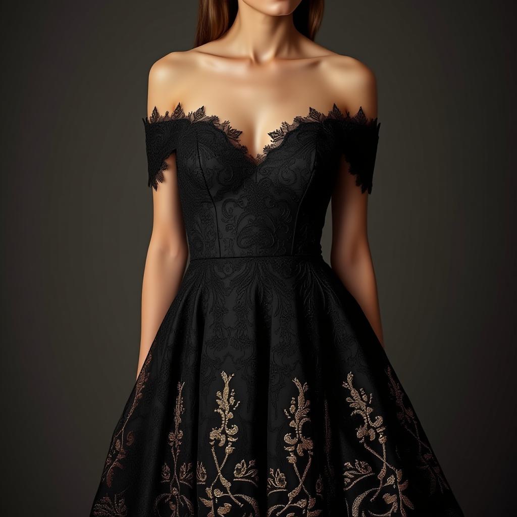  woman wearing an elegant black lace evening dress with uncovered shoulders and all embroidered in lace, the skirt presents some embroidery in gold., award winning, professional, highly detailed, masterpiece