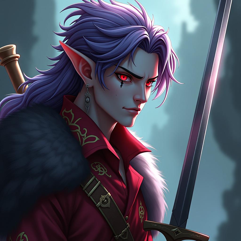  role playing game (rpg) style fantasy a dark elf male pirate with a saber in his right hand marble white skin, purple scarlet hair, lavender eyes with a red tint, dressed in a red violet shirt embroidered with red gold over the shirt wears a leather coat with a fur collar of dark scarlet, disheveled hair. an earring in the right ear, in the shape of a month. tattoo of a jagged crescent moon near the left eye socket the crescent moon is turned towards the eye . detailed, vibrant, immersive, reminiscent of high fantasy rpg games hyperrealistic, full body, detailed clothing, highly detailed, cinematic lighting, stunningly beautiful, intricate, sharp focus, f/1. 8, 85mm, (centered image composition), (professionally color graded), ((bright soft diffused light)), volumetric fog, trending on instagram, trending on tumblr, HDR 4K, 8K