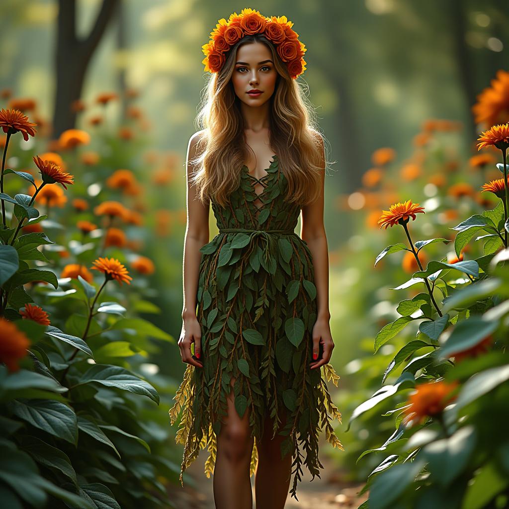  attractive woman in modern plant clothing, environmentalism, autumn leaves accessory, standing pose, fair skin, brown eyes, russet hair, long wavy hair, slender figure, flower crown, autumn leaves dress, vine sandals, lush garden, among flowers, soft natural light, portrait orientation, digital photography, alphonse mucha style, earthy green and brown tones, ultra detail 8k hyperrealistic, full body, detailed clothing, highly detailed, cinematic lighting, stunningly beautiful, intricate, sharp focus, f/1. 8, 85mm, (centered image composition), (professionally color graded), ((bright soft diffused light)), volumetric fog, trending on instagram, trending on tumblr, HDR 4K, 8K