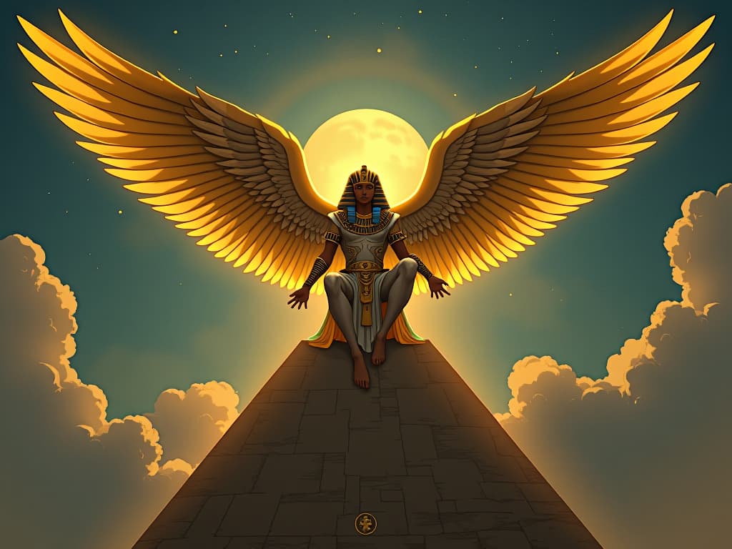  golden winged angel, resting atop a high temple, ethereal glow, symbolizing celestial presence. the style is digital art illustration / modern comic book / mysterious occult, symbolic, esoteric vibe,high detail on character design, incorporating ancient egyptian symbology and attire.