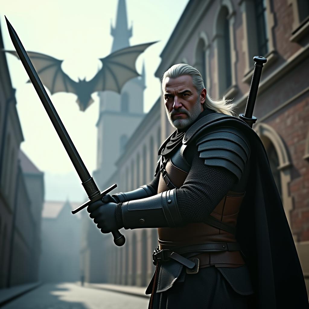  a witcher, dressed in battle worn armor, stands confidently in a combat pose with his sword drawn, ready for action. he is being photographed with a canon g7x mark camera. the setting is a detailed medieval gdańsk, with cobblestone streets, gothic architecture, and historic buildings. in the background, a winged vampire is swooping down from the sky, adding tension to the scene. the witcher’s expression is intense, capturing the gritty atmosphere of the moment as he prepares for battle in this historical, yet fantastical, environment hyperrealistic, full body, detailed clothing, highly detailed, cinematic lighting, stunningly beautiful, intricate, sharp focus, f/1. 8, 85mm, (centered image composition), (professionally color graded), ((bright soft diffused light)), volumetric fog, trending on instagram, trending on tumblr, HDR 4K, 8K