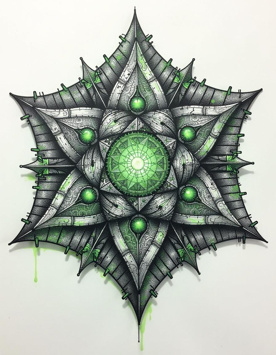  zentangle mysterious magical octahedron. thin stitches. glowing mysterious symbols. traces of corrosion and green mold. high detail. high resolution. . intricate, abstract, monochrome, patterns, meditative, highly detailed