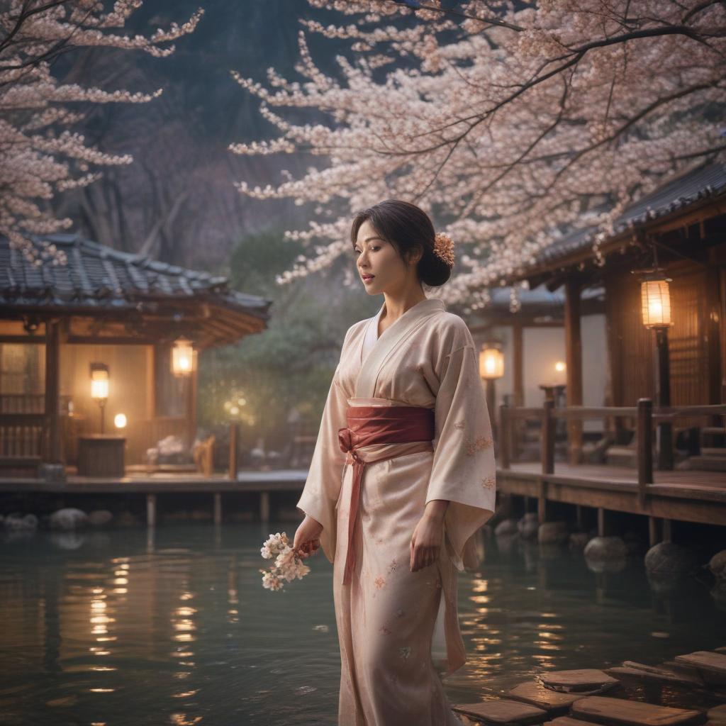 ((masterpiece)),(((best quality))), 8k, high detailed, ultra detailed, A Japanese woman in an outdoor hot spring, cherry blossoms in bloom, steam rising from the water, traditional wooden architecture in the background, lanterns casting a warm glow hyperrealistic, full body, detailed clothing, highly detailed, cinematic lighting, stunningly beautiful, intricate, sharp focus, f/1. 8, 85mm, (centered image composition), (professionally color graded), ((bright soft diffused light)), volumetric fog, trending on instagram, trending on tumblr, HDR 4K, 8K