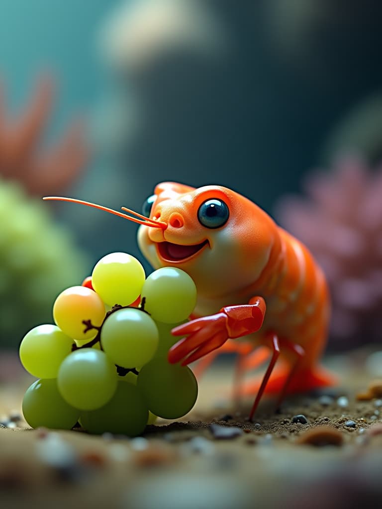  a colorless shrimp on the seabed smiles happily while eating big green grapes. cartoon style. colorful. fantastic. firooze hyperrealistic, full body, detailed clothing, highly detailed, cinematic lighting, stunningly beautiful, intricate, sharp focus, f/1. 8, 85mm, (centered image composition), (professionally color graded), ((bright soft diffused light)), volumetric fog, trending on instagram, trending on tumblr, HDR 4K, 8K