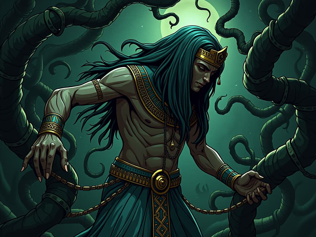  an entangled figure, struggling against dark, creeping vines, symbolizing the risk of becoming ensnared by toxicity, dim, foreboding atmosphere. the style is digital art illustration / modern comic book / mysterious occult, symbolic, esoteric vibe,high detail on character design, incorporating ancient egyptian symbology and attire.