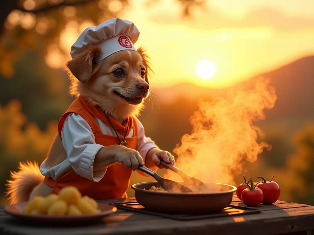  a landscape image featuring a cute joyful dog dressed as a chef, cooking food outdoors during sunrise. the scene should have a warm, golden light from the rising sun. in the foreground, there's a nearby glass surface (like a window or mirror) with the text 'suprabhatam gaura' written on it, as if drawn by steam or condensation. the overall atmosphere should be cheerful and inviting, with the dog's culinary activities as the focal point set against the beautiful sunrise backdrop. seemless text "suprabhatam gaura" hyperrealistic, full body, detailed clothing, highly detailed, cinematic lighting, stunningly beautiful, intricate, sharp focus, f/1. 8, 85mm, (centered image composition), (professionally color graded), ((bright soft diffused light)), volumetric fog, trending on instagram, trending on tumblr, HDR 4K, 8K