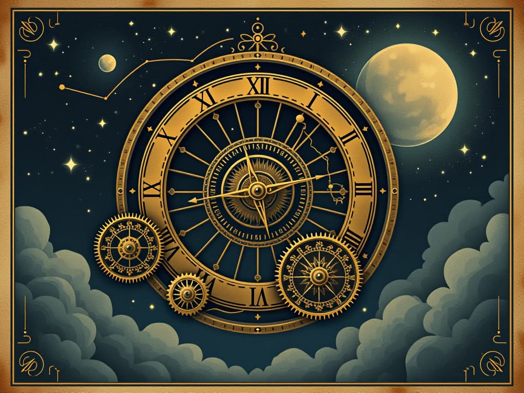  a grand celestial clock with cogs and wheels in motion, starry night sky, constellations in the background, golden gears turning intricately, soft glow of moonlight, mystical, celestial timing. an illustration in the style of a worn, mystical old tarot trump card, mysterious and elements of surrealism. the colors are muted, somber and eerie, but with contrast bring out an occult and esoteric vibe.