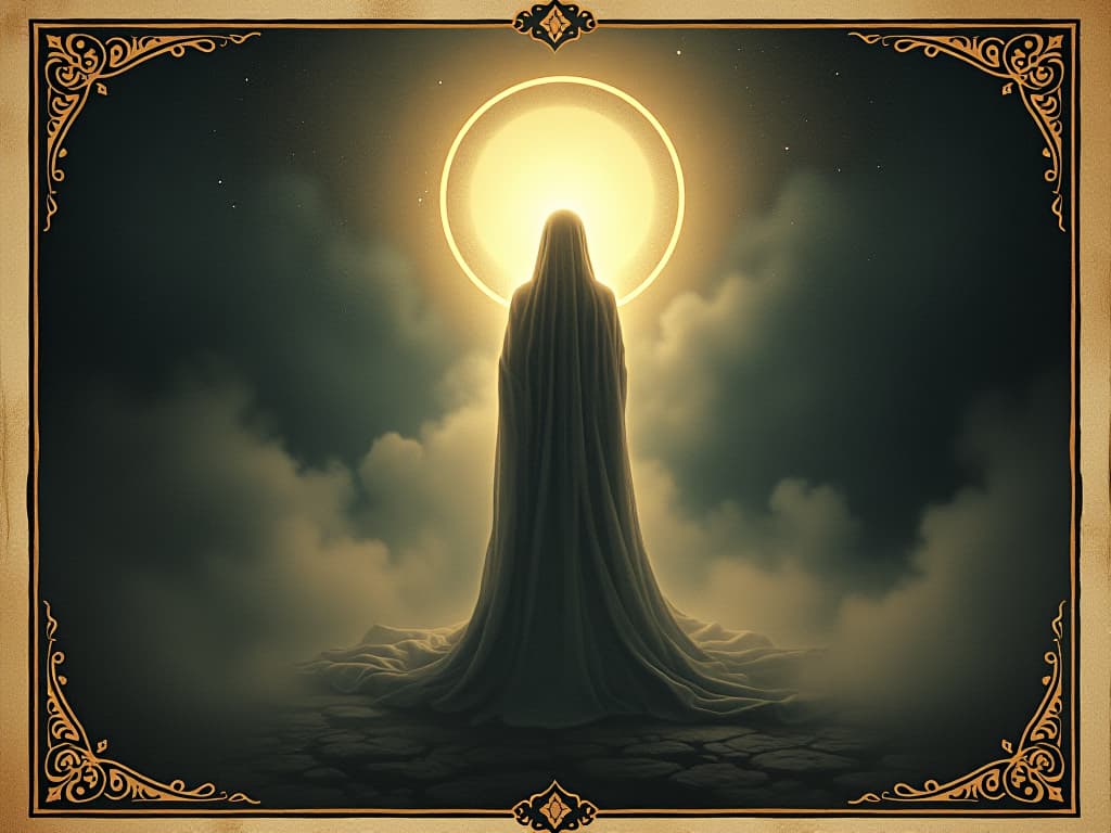  radiant light enveloping a figure, intense brightness, shadows receding, invincible aura. an illustration in the style of a worn, mystical old tarot trump card, mysterious and elements of surrealism. the colors are muted, somber and eerie, but with contrast bring out an occult and esoteric vibe.