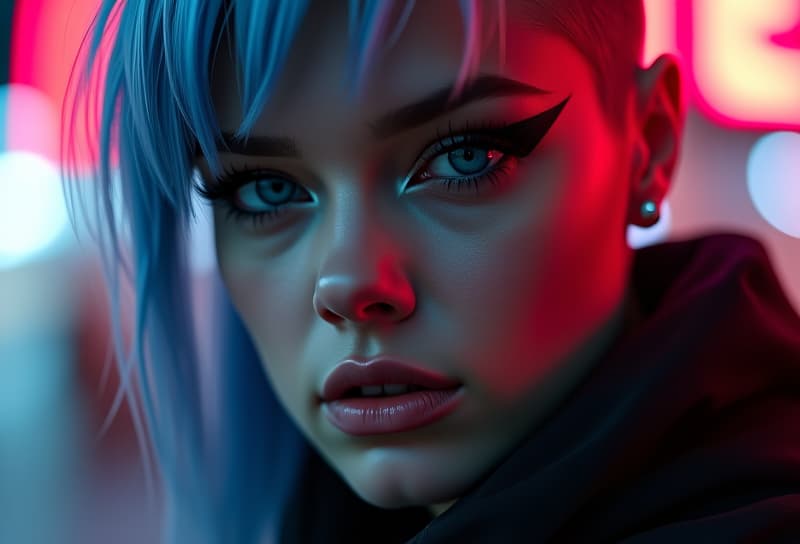  ultra realistic close up portrait ((beautiful pale cyberpunk female with heavy black eyeliner)), blue eyes, shaved side haircut, hyper detail, cinematic lighting, magic neon, dark red city, canon eos r3, nikon, f/1.4, iso 200, 1/160s, 8k, raw, unedited, symmetrical balance, in frame, 8k hyperrealistic, full body, detailed clothing, highly detailed, cinematic lighting, stunningly beautiful, intricate, sharp focus, f/1. 8, 85mm, (centered image composition), (professionally color graded), ((bright soft diffused light)), volumetric fog, trending on instagram, trending on tumblr, HDR 4K, 8K