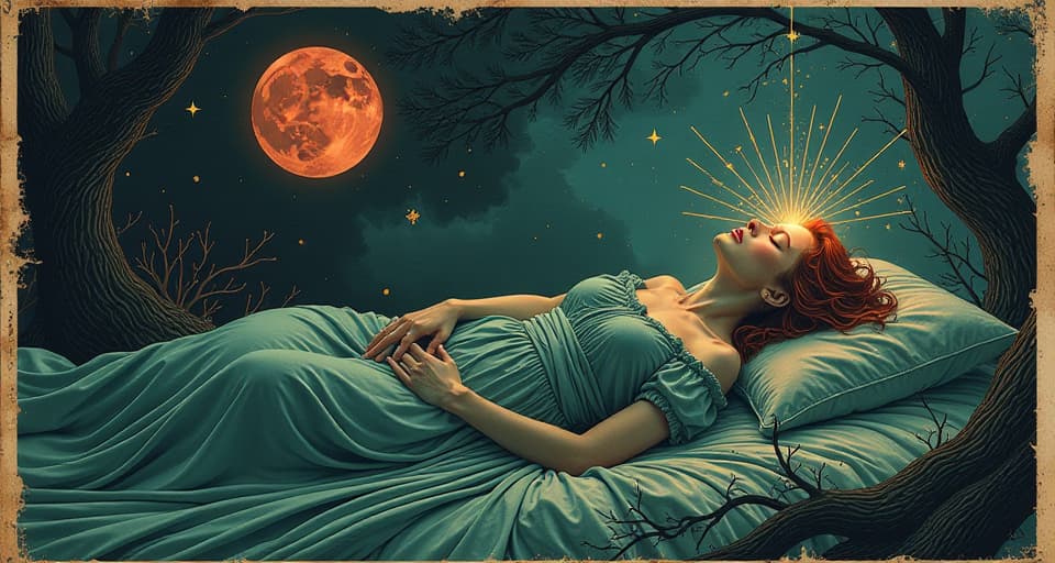  a vivid dreamscape, figure sleeping with radiant light emanating from their head, surreal and mystical elements, dream interpretation. an illustration in the style of a worn, mystical old tarot trump card, mysterious and elements of surrealism. the colors are muted, somber and eerie, but with contrast bring out an occult and esoteric vibe.