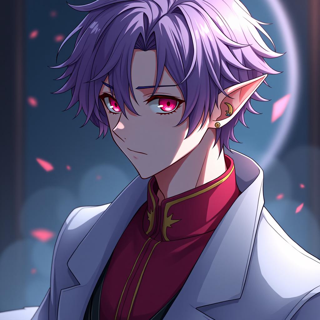  anime artwork the doctor of the dark elves is a man with marble white skin, purple hair with a scarlet tint, lavender eyes with a red glow, dressed in a red purple shirt embroidered with red gold, a tight fitting white doctor's coat is worn over the shirt. hairstyle in the style of disheveled hair. in the right ear there is an earring in the shape of a crescent with teeth inside. a tattoo in the form of a crescent with a jagged inner side is applied from the left temple to the left cheekbone, skirting the left eye socket, the crescent moon faces the eye with a jagged inner side the doctor of the dark elves is a young man with marble white skin, purple hair with a scarlet tint, lavender eyes with a red glow, dressed in a red purple shirt  hyperrealistic, full body, detailed clothing, highly detailed, cinematic lighting, stunningly beautiful, intricate, sharp focus, f/1. 8, 85mm, (centered image composition), (professionally color graded), ((bright soft diffused light)), volumetric fog, trending on instagram, trending on tumblr, HDR 4K, 8K