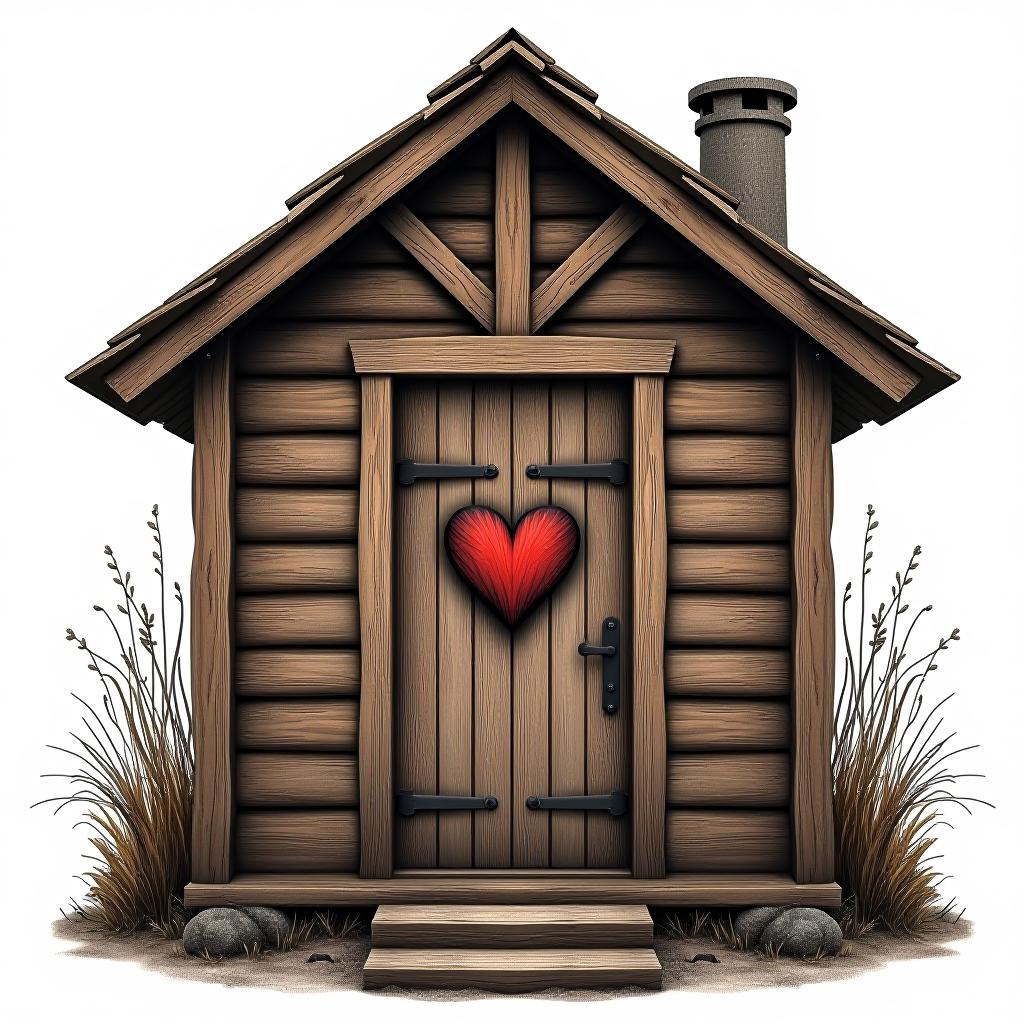  a wooden shack with a heart in the middle of ita wooden shack with a heart in the middle of it. generate a professional tattoo. the tattoo should be isolated and centered. place the tattoo in the center on a solid white background. hyperrealistic, full body, detailed clothing, highly detailed, cinematic lighting, stunningly beautiful, intricate, sharp focus, f/1. 8, 85mm, (centered image composition), (professionally color graded), ((bright soft diffused light)), volumetric fog, trending on instagram, trending on tumblr, HDR 4K, 8K