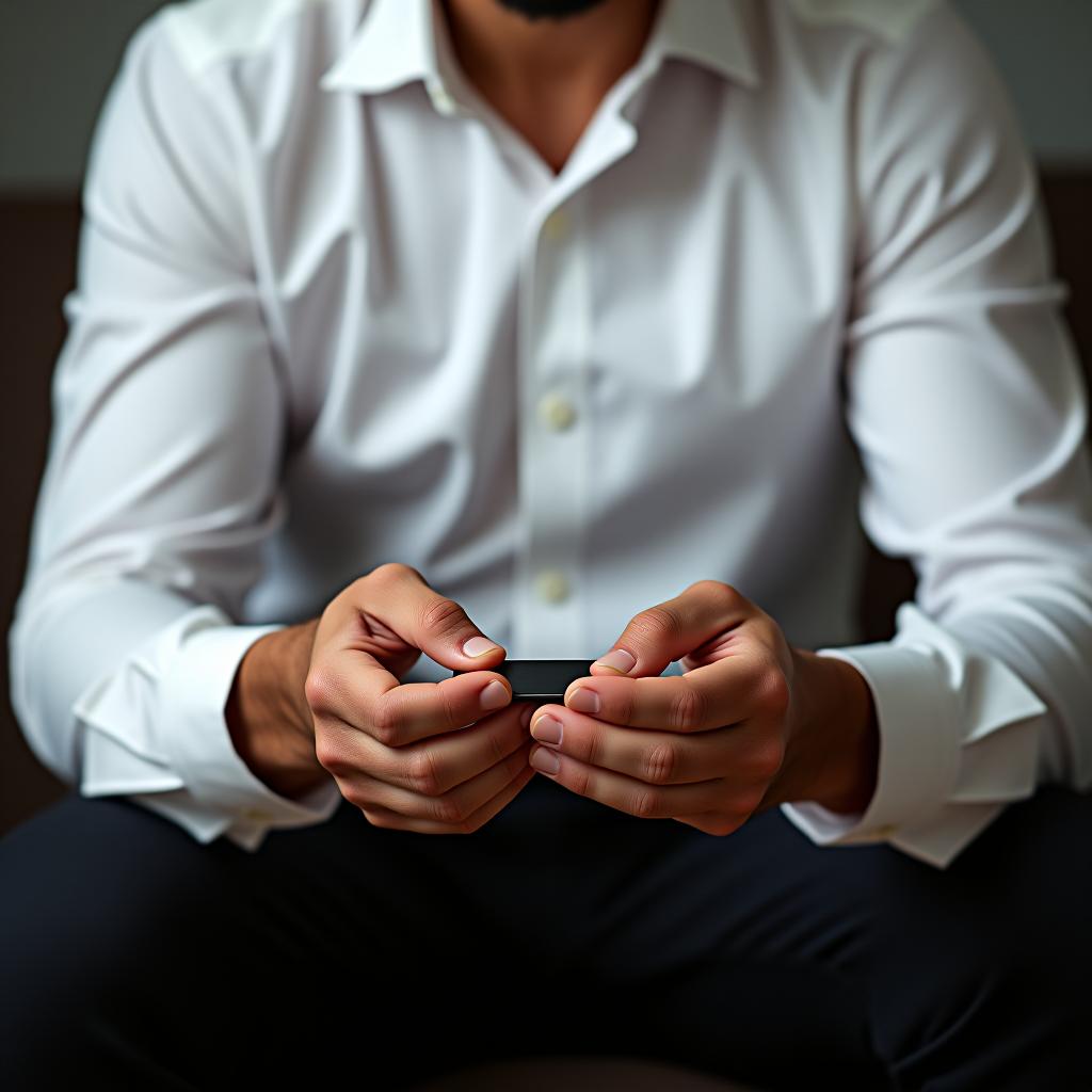  a man in a white shirt and black pants is sitting, holding a men's money clip in his hands.