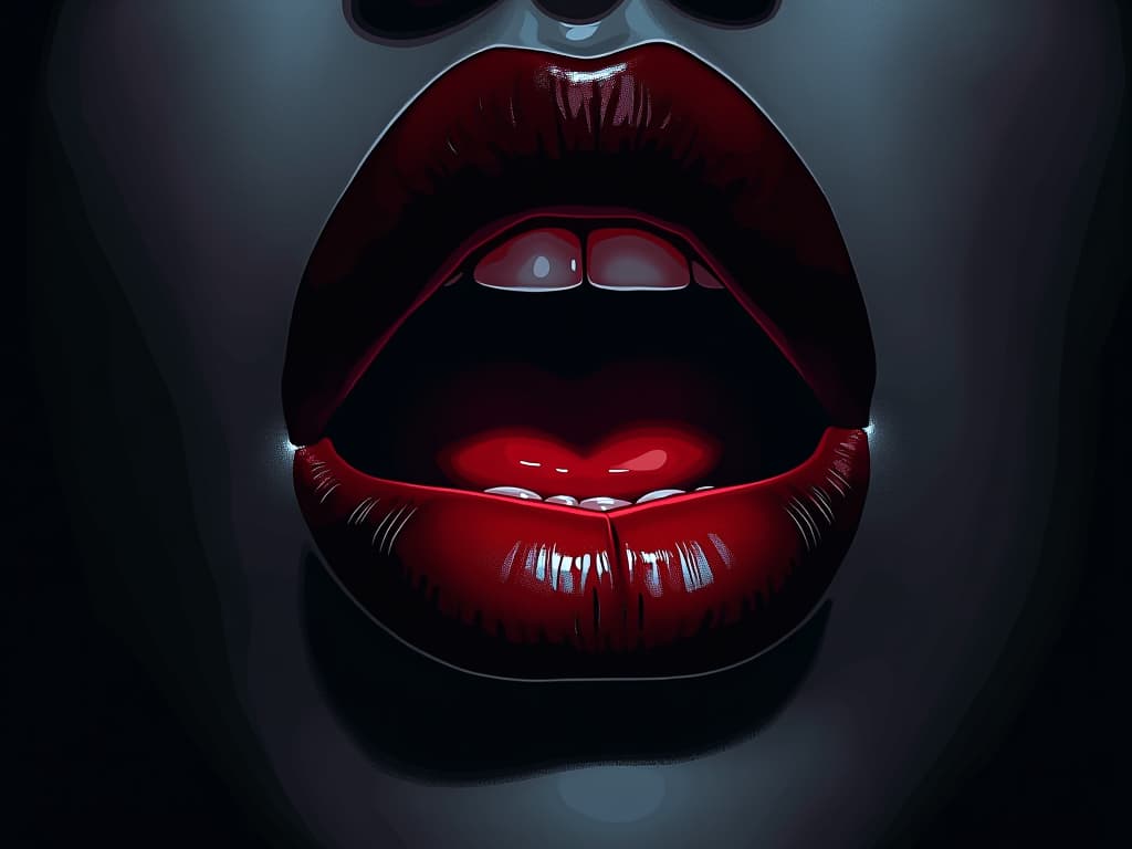  close up of a pair of lips, slightly parted, caught in mid gasp, dim light highlighting the tension. the style is digital art illustration / modern comic book / graphic dark novel fantasy and mysterious occult, symbolic, moody lighting, esoteric vibe,high detail on character design. for the color scheme emphasize blacks and reds.