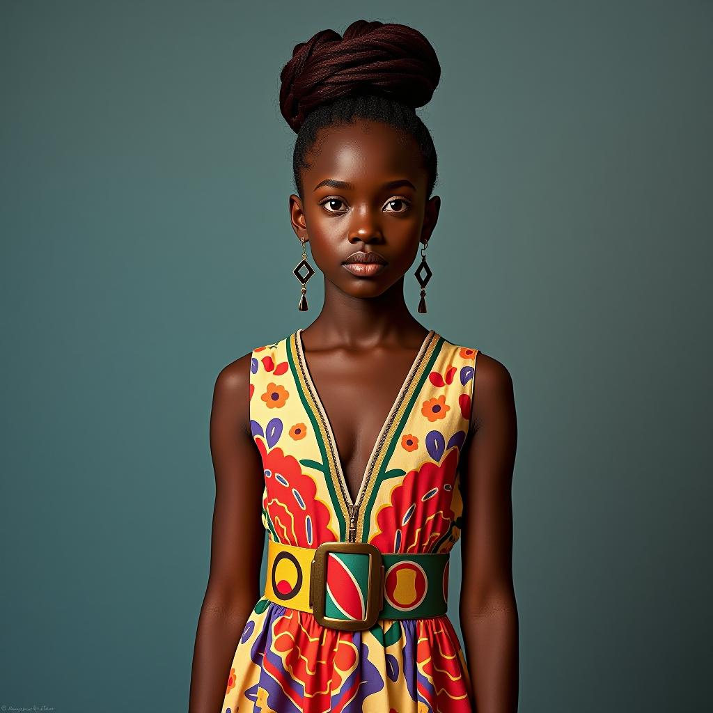  a girl with rich mahogany skin and tightly coiled, dark auburn hair styled in a high puff. her eyes are a deep, soulful brown, and she wears bold, geometric earrings. she is clad in a vibrant, patterned maxi dress that flows elegantly around her, with a wide, colorful belt cinching her waist. hyperrealistic, full body, detailed clothing, highly detailed, cinematic lighting, stunningly beautiful, intricate, sharp focus, f/1. 8, 85mm, (centered image composition), (professionally color graded), ((bright soft diffused light)), volumetric fog, trending on instagram, trending on tumblr, HDR 4K, 8K