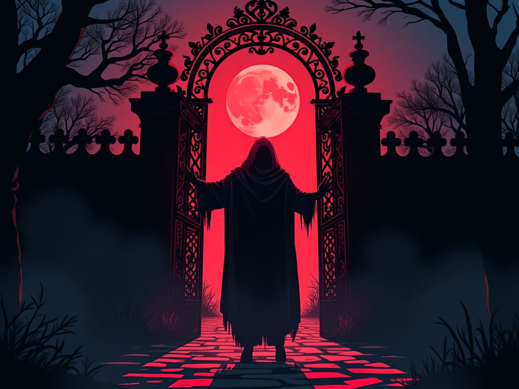  ghostly figure pushing open a gate, air of surprise, twilight background. the style is digital art illustration / modern comic book / graphic dark novel fantasy and mysterious occult, symbolic, moody lighting, esoteric vibe,high detail on character design. for the color scheme emphasize blacks and reds.