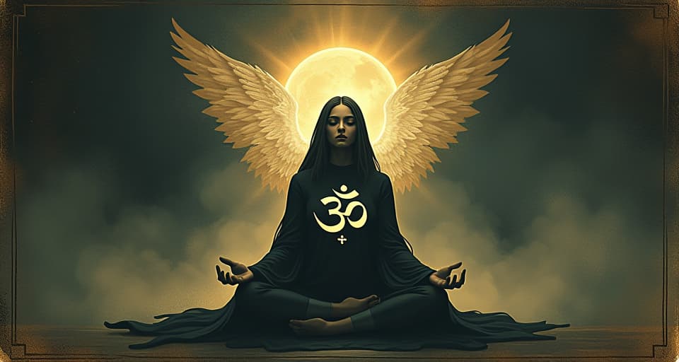  om symbol, ethereal light, figure meditating, serene face, spiritual connection. an illustration in the style of a worn, mystical old tarot trump card, mysterious and elements of surrealism. the colors are muted, somber and eerie, but with contrast bring out an occult and esoteric vibe.