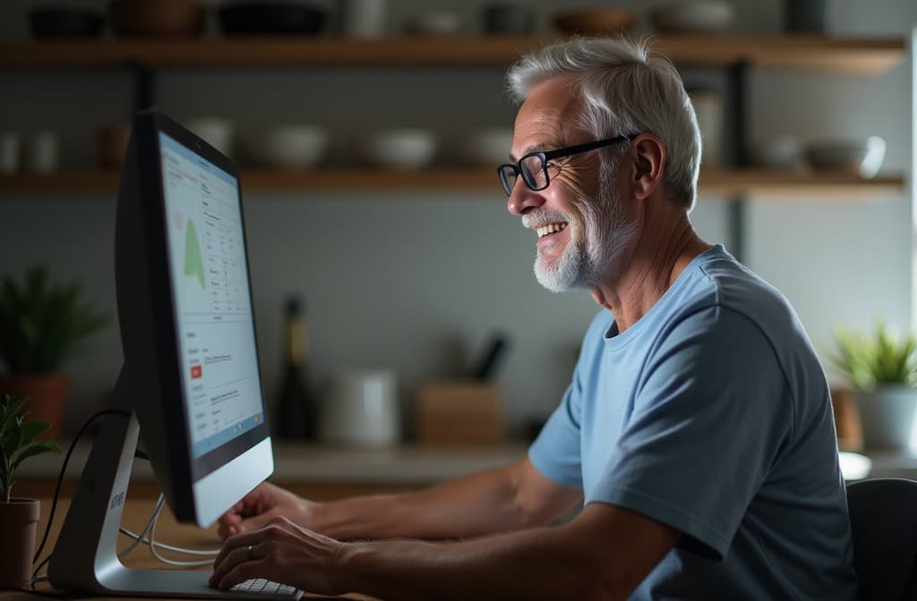  professional detailed photography, smiling senior man checking pressure with upper arm monitor in light kitchen interior ar 3:2, (muted colors, dim colors, soothing tones), (vsco:0.3)