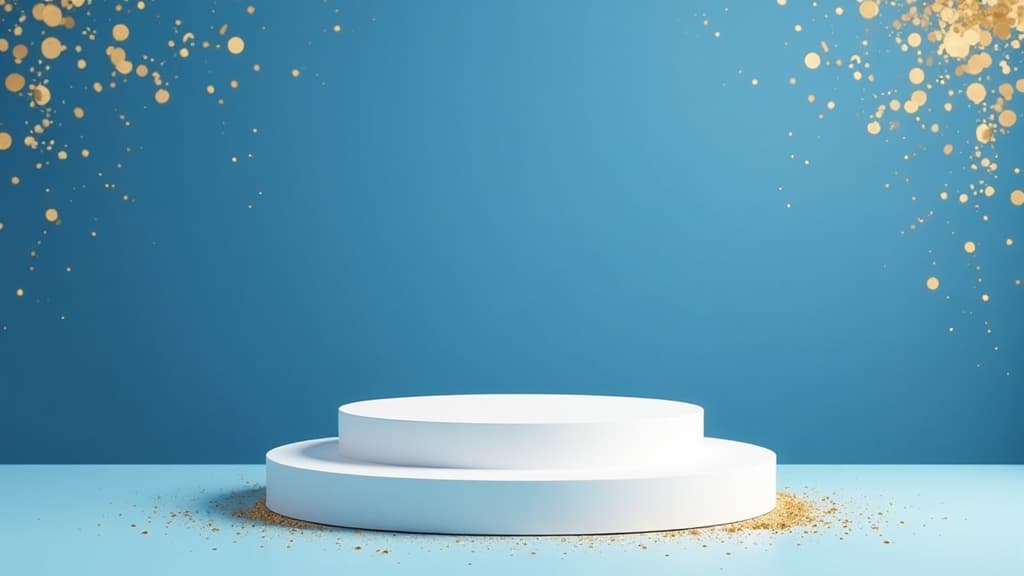  white podium with golden glitter on a blue background, perfect for showcasing products elegantly. ideal for business events or promotions, with space for text or products. banner ar 16:9 {prompt}, maximum details