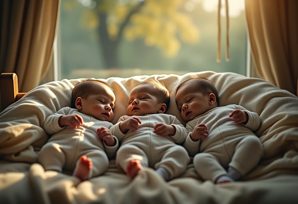  hyperrealistic art three newborn babies in a new year's refugee suit sleep in a bed under a new day's tree. light photos in the afternoon. the kids can see full growth. . extremely high resolution details, photographic, realism pushed to extreme, fine texture, incredibly lifelike hyperrealistic, full body, detailed clothing, highly detailed, cinematic lighting, stunningly beautiful, intricate, sharp focus, f/1. 8, 85mm, (centered image composition), (professionally color graded), ((bright soft diffused light)), volumetric fog, trending on instagram, trending on tumblr, HDR 4K, 8K